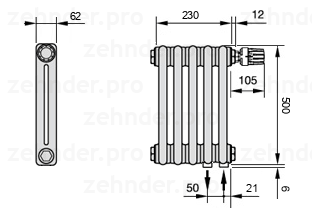 Схема (чертеж) Радиатор Zehnder Charleston 2050/5 №V002 Белый глянцевый RAL 9016